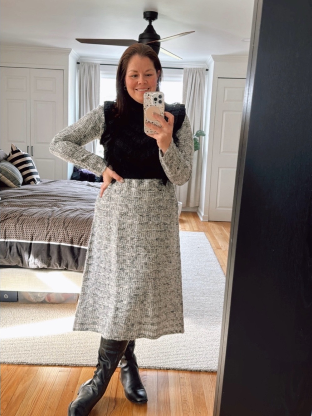 Zara Textured Knit Midi Dress – Black & Cream – Size L
